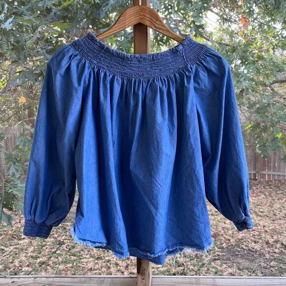 One X Oneteaspoon Women's Blue Denim Raw Hem Blouse Size S - Picture 1 of 7
